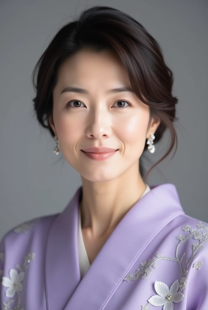 A close-up portrait of a mesmerizing 50-year-old Japanese woman dressed in a modernized courtesan-style kimono. The kimono is a delicate shade of wisteria purple with intricate silver patterns resembling cherry blossoms. Her hair is arranged in a sophistic...