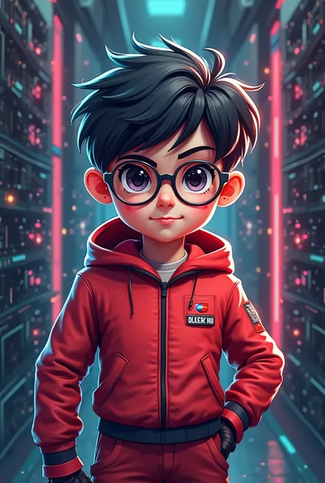 Create a gaming logo featuring a boy wearing glasses and dressed in a red outfit, and the logo's name should be "DULUX SERVER"