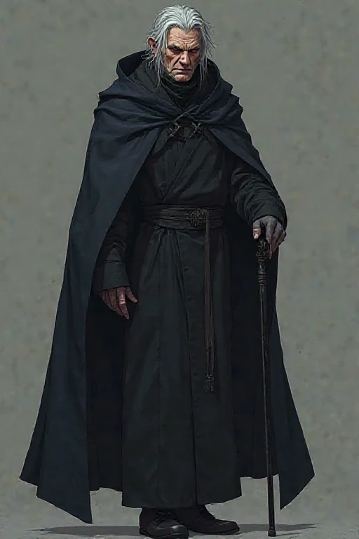 Anime style, slightly evil expression, extremely old man, medium length gray hair, standing dominant pose, full black modern cloak with hood but he's not wearing the hood, walking using cane, pitch black cane, frontal view 