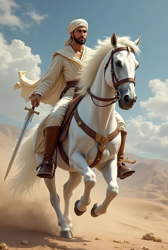 Smooth-faced muslim man riding a white horse and holding a sword in his hand