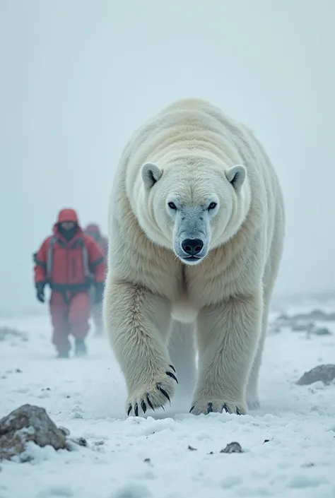 The mother polar bear cautiously approaches, her powerful form emerging from the snowy mist.
The rescuers **slowly back away