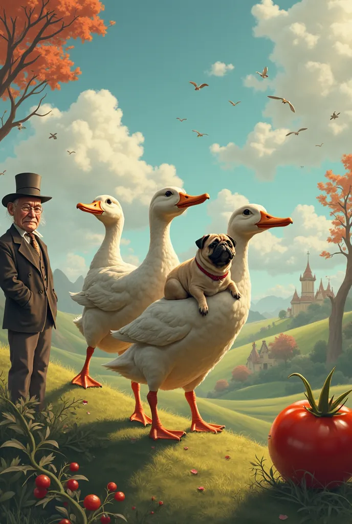 Lewis Carroll's wonderland, two ducks ride over it on a pug, next to a tomato, old man and Cheshire cat