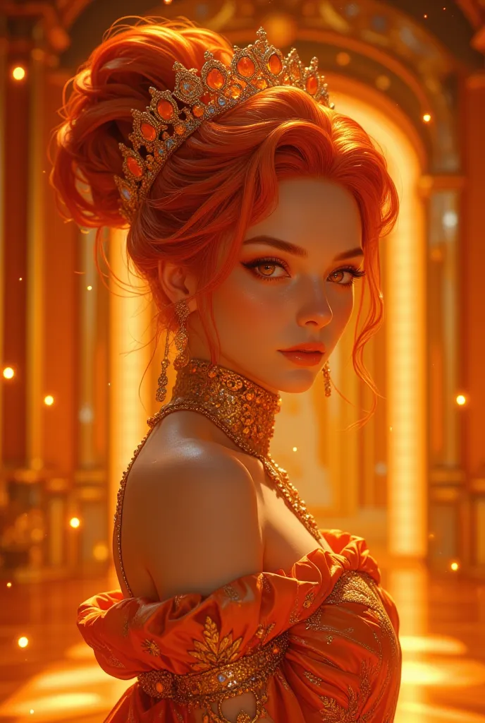 Hyper-realistic, fantasy art, cinematic film still. Medium shot. A beautiful ancient princess with vibrant orange hair styled in an intricate Royalty bridal bun, adorned with a delicate orange ornate tiara with gorgeous orange gem carved on it and exquisit...