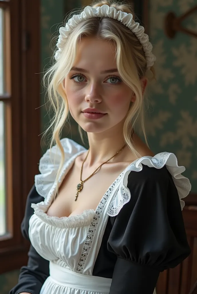 ultra-realistic, photorealistic, solo, (very young girl), very beautiful fragile girl, (traditional maid), (wearing a black with white colored traditional maid outfits with frills), Ponyfrisur, Blonde Haare, Haarschmuck, Schmuck, Pferdeschwanz, Hohe Qualit...