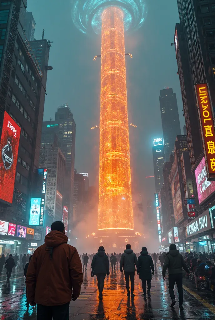 A dark, rain-soaked Taipei street, bathed in the neon glow of advertisements and holographic billboards. The air is thick with mist and the hum of futuristic technology. Towering buildings line the street, with massive digital screens projecting vivid, eve...