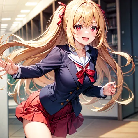 A lively scene featuring a blonde high school girl with long hair dashing energetically down a school hallway. Her striking red eyes reflect her spirited personality. She wears a traditional sailor uniform, complemented by a navy blazer, a red skirt, and a...