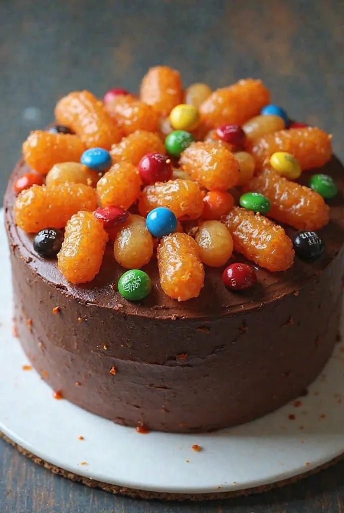 Cake chocolate with topping Tteokbokki and candy