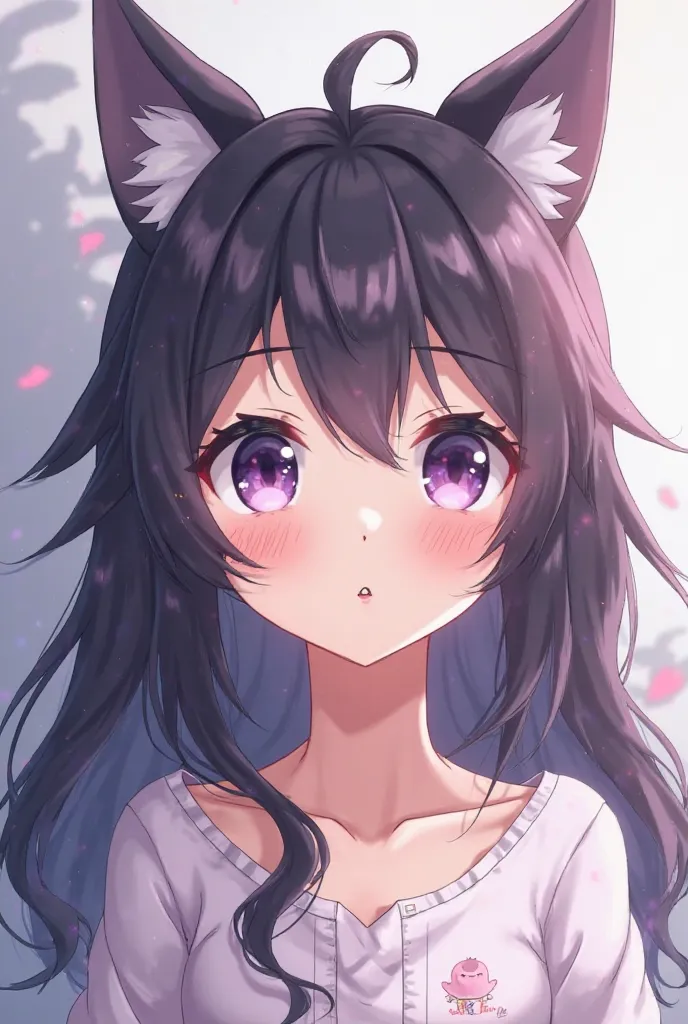 Anime wolf girl Innocent looking with light purple eyes and dark purple hair 