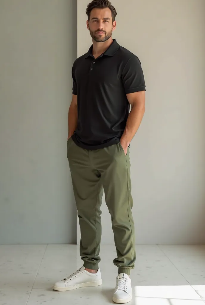  black polo t-shirt, olive green jogger’s pants pants with white sneakers wear handsome stylish men