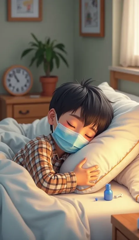 A young Asian boy, around 6-, is resting in bed, appearing sick and tired. He has short black hair and is wearing a blue surgical face mask, which is slightly pulled down below his nose. His eyes are closed, and he leans against a white pillow, covered wit...