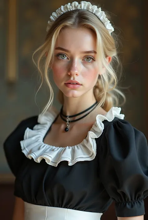 ultra-realistic, photorealistic, solo, (very young girl), very beautiful fragile girl, (traditional maid), (wearing a black with white colored traditional maid outfits with frills), Ponyfrisur, Blonde Haare, Haarschmuck, Schmuck, Pferdeschwanz, Hohe Qualit...