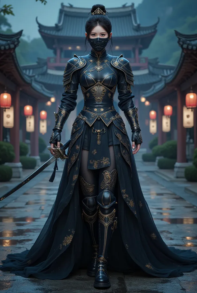 A battle scene in which a female ninja lands、Place one hand on the floor and hold the wuxia long sword horizontally in front of your face.、Intricate chain mail that fits the body perfectly、Black thin mask with only the eyes visible、Serious Eyes、Low fightin...