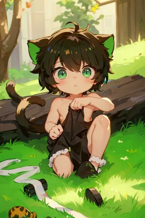 Cat Ear Boy， first clear weather after rain ， dark green eyes ，Big Fluffy Tail，Anime illustrations，Cute cartoon，The boy is getting ready to undress and take a bath，jungle