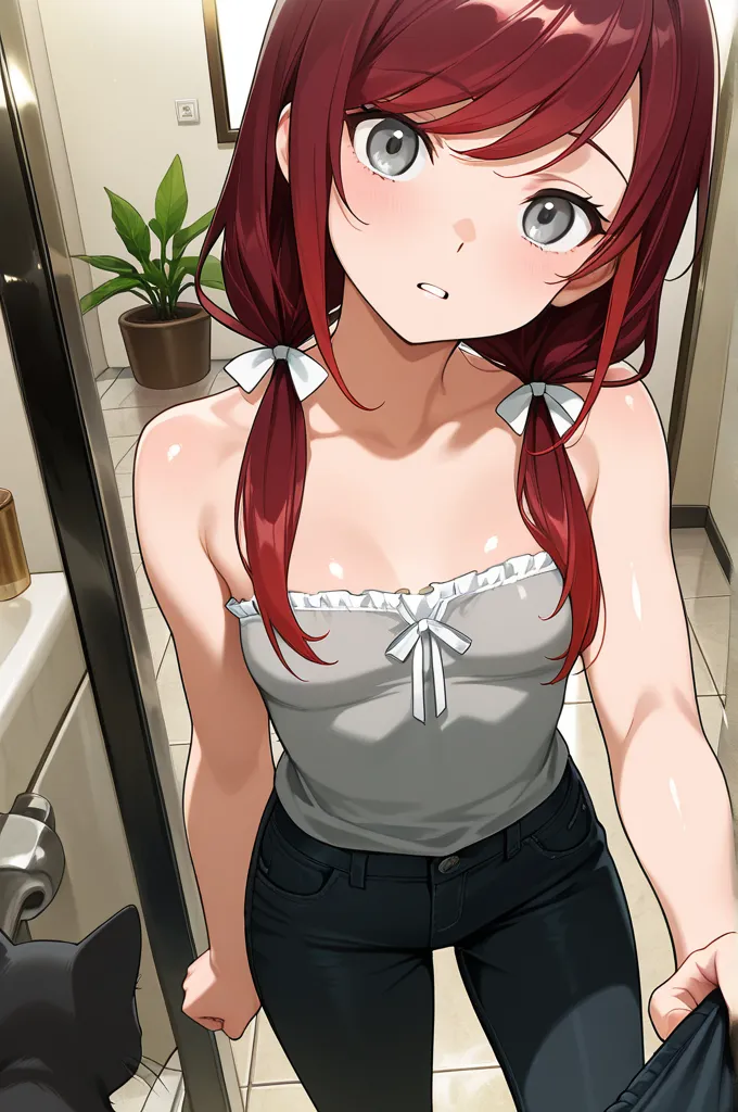 masterpiece, best quality, amazing quality,close up, tired expression, gray eyes, dark red hair, low twin tails, hair ribbons, strapless loose sleeveless shirt, gray shirt, shirt with white frill trim, black jeans, long swept bangs, pulling on edges of mou...