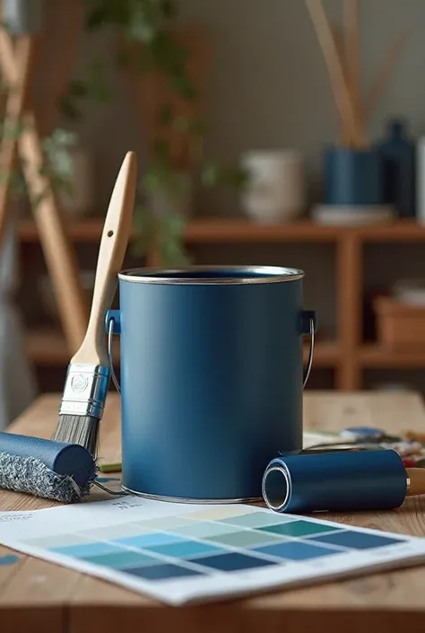 Tollens dark blue paint can, paintbrush ,  paint roller , Color chart on a wooden table indoors 