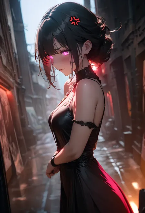 (A beautiful girl:1.3), cute anime girl, from side, cowboy shot, looking diagonally downward, elegant outfit, sexy outfit, an expression of anger, Ultra-detailed eyes, An extremely delicate and beautiful face, medium breasts, Glowing Skin, fantasy art, (ma...