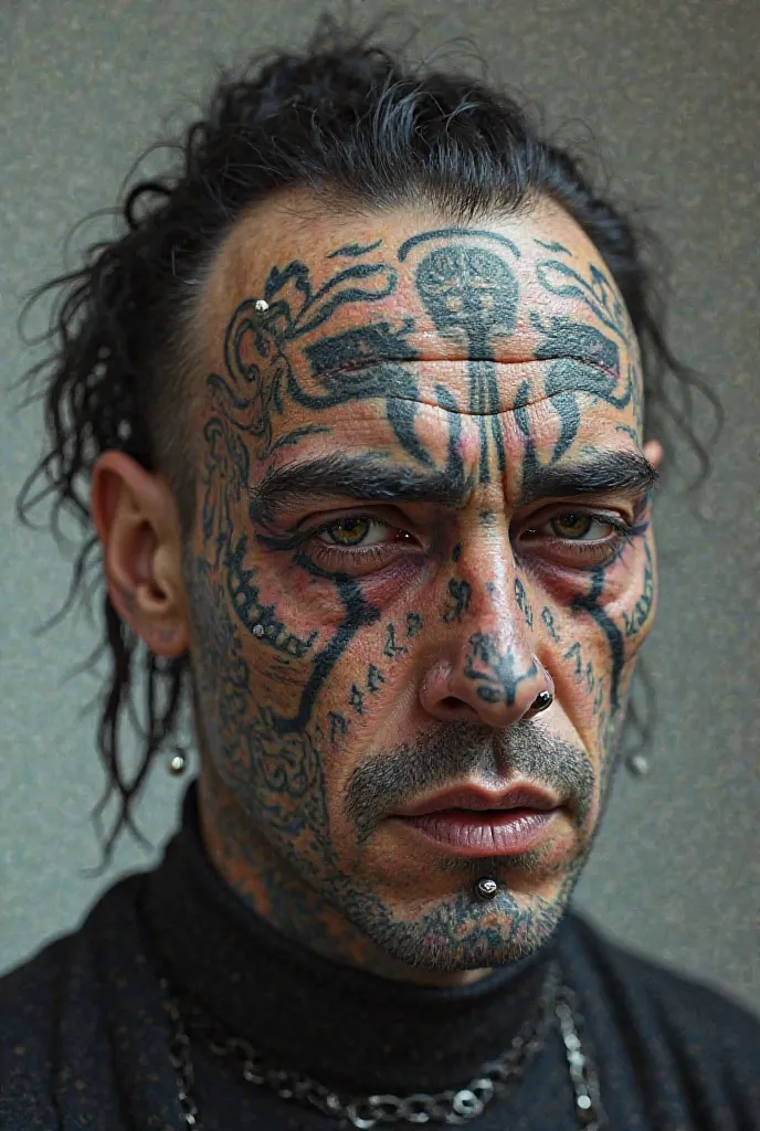 A man with his face covered with a tattoo, piercing,