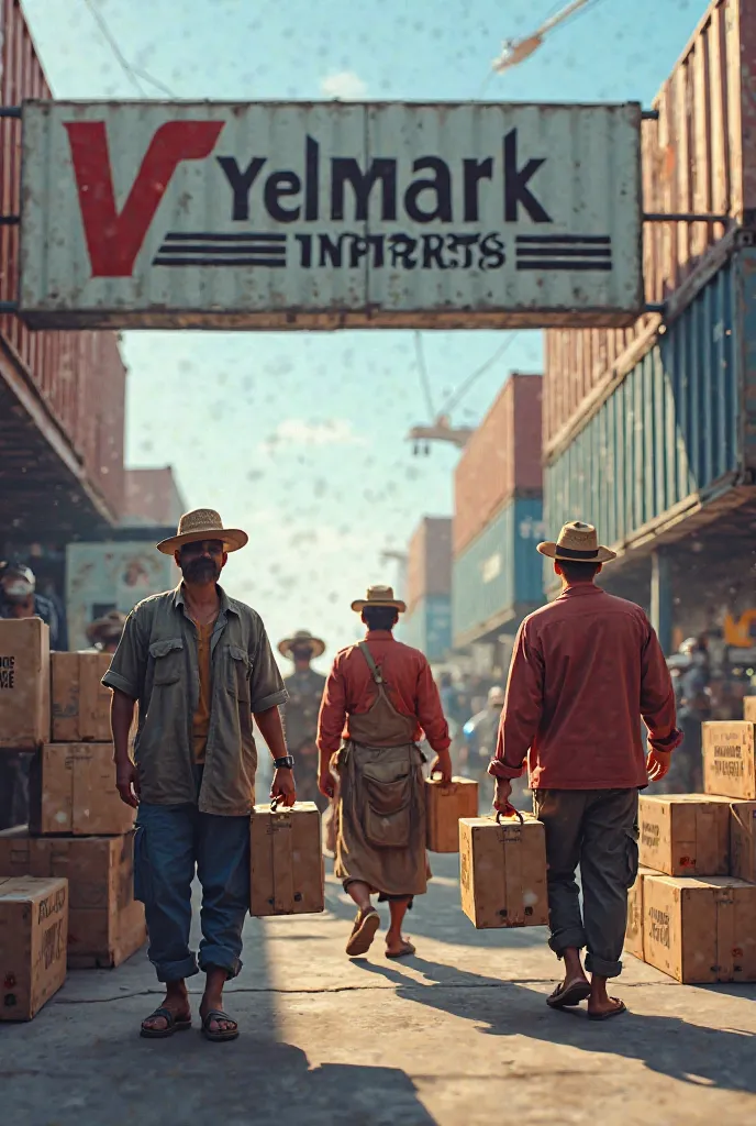 Create me an image of importers from Peru bringing merchandise from the United States, with a background name that says " VelMark Imports"