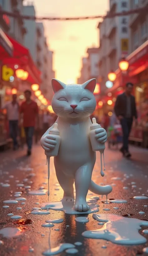 *"In the middle of a busy city street, a magical cat made entirely of smooth, flowing milk walks upright on two legs, mimicking human motion while retaining its natural feline shape. Its entire body ripples and shifts like liquid, with streams of creamy mi...