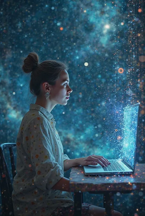 A cosmic worldview　AI technology　Facing a computer to expand my brain　A creative woman is thinking　