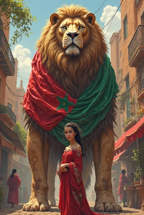 A beautiful  Arab girl next to a giant man headed by a lion and wearing the Moroccan flag in the middle of a street in Morocco