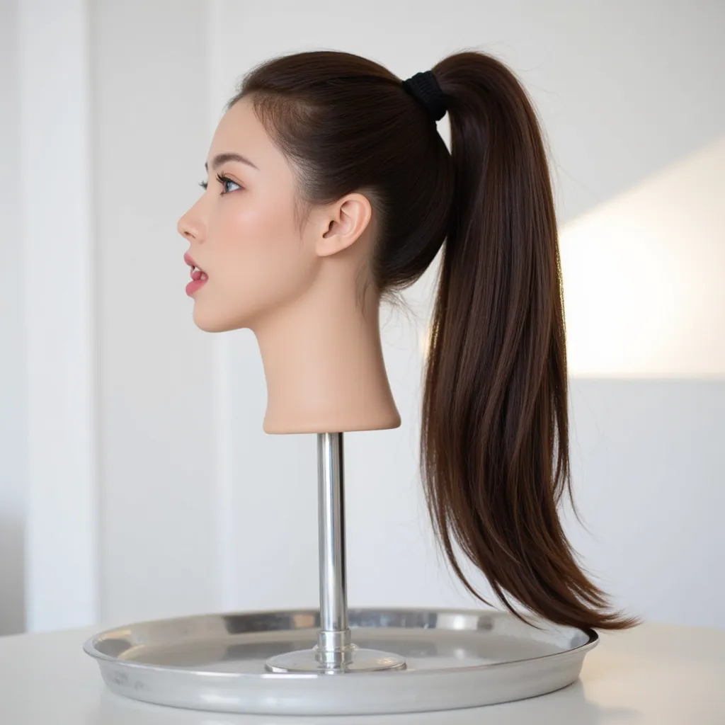 A beautiful  woman's head stands on a silver tray, in side view, in a white room. The head is seen from the side. She has beautiful, straight, thick, smooth, silky, shiny, dark brunette, huge, long hair, in a very long, thick huge ponytail. She is looking ...