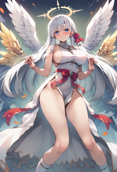  points  _9,  points  _8_go up  ,  points  _7_go up  , source  _anime, 1 girl, bangs, white hair,greek goddess,,laurel,smiling,necklaces,big wings,open breasts, White dress, sleeveless dress, backless dress, low cut ,Sacred Headgear , halo on top,socks,dei...