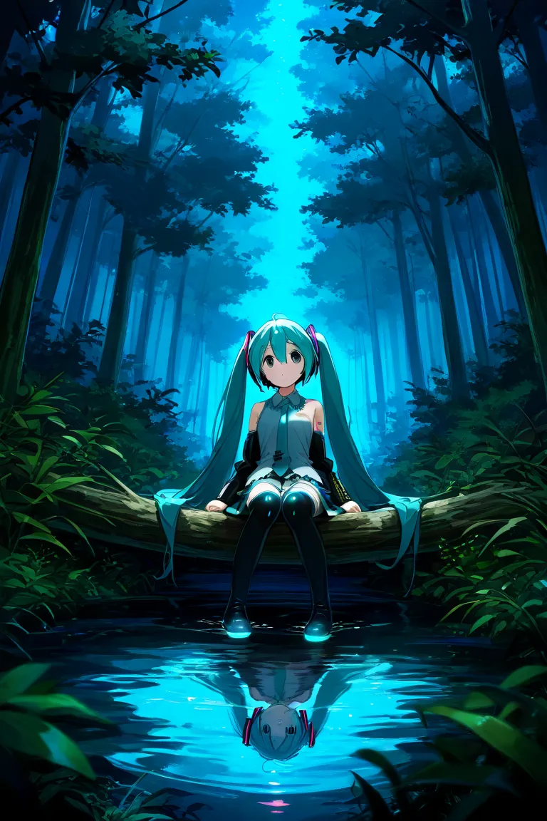  vocaloid , Hatsune Miku, in the forest at night,water, sitting