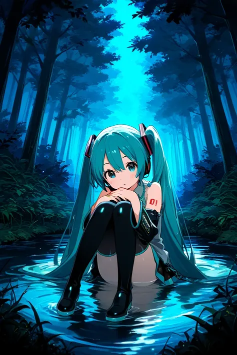  vocaloid , Hatsune Miku, in the forest at night,water, sitting