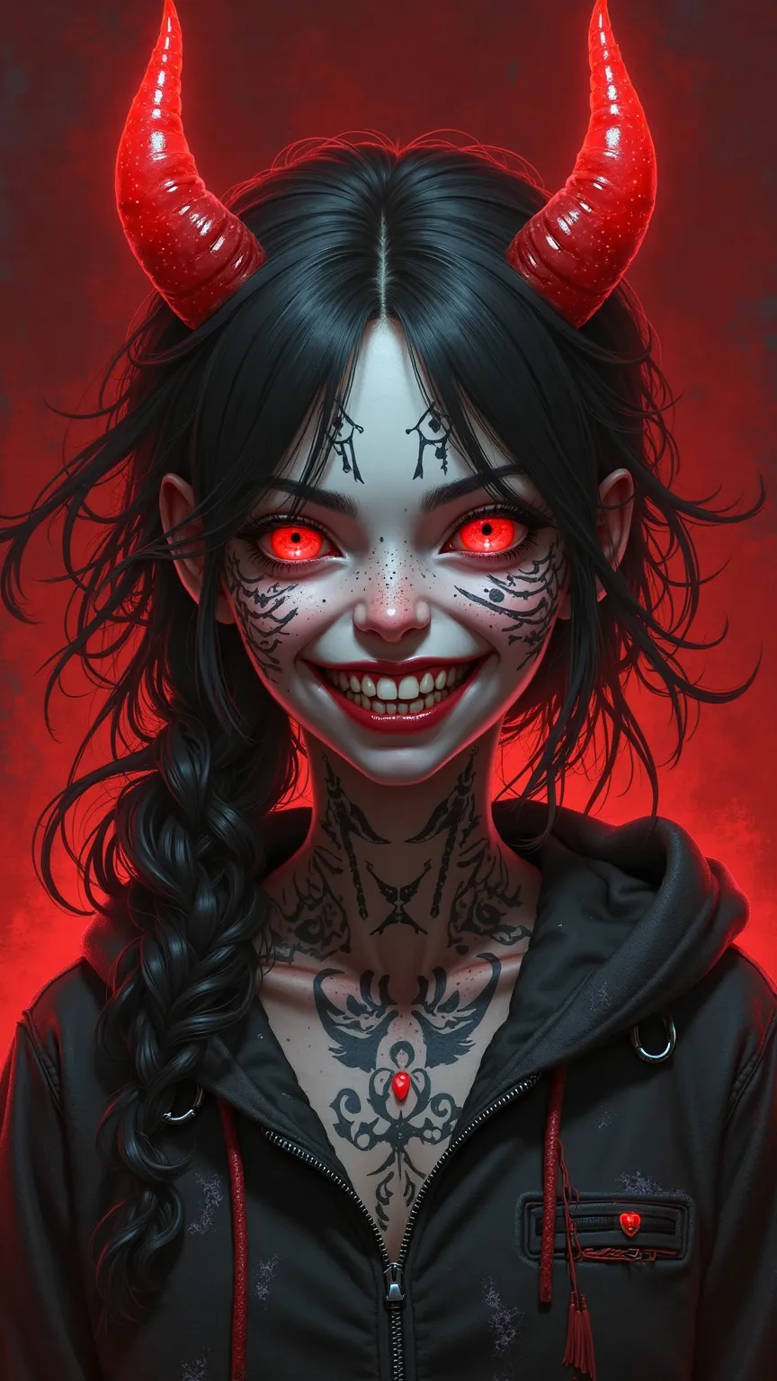 A sinister girl with a wide, menacing smile, baring sharp, predatory teeth in a devilish grin. Her pale skin is adorned with intricate black tattoos across her face, designed with sharp and angular patterns that enhance her intimidating presence. Two crims...