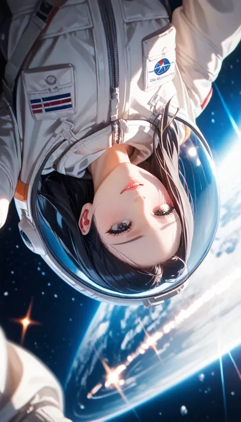  1 girl,   SPACE HELMET,high definition,  replace anatomically accurate ones ,  TOP QUALITY ,  textured skin,   Earth Seen from Space 、Wandering in space 、 Look Down,   realistic details from , Futuristic spacesuit diffraction spikes,  Movie Light Effects ...