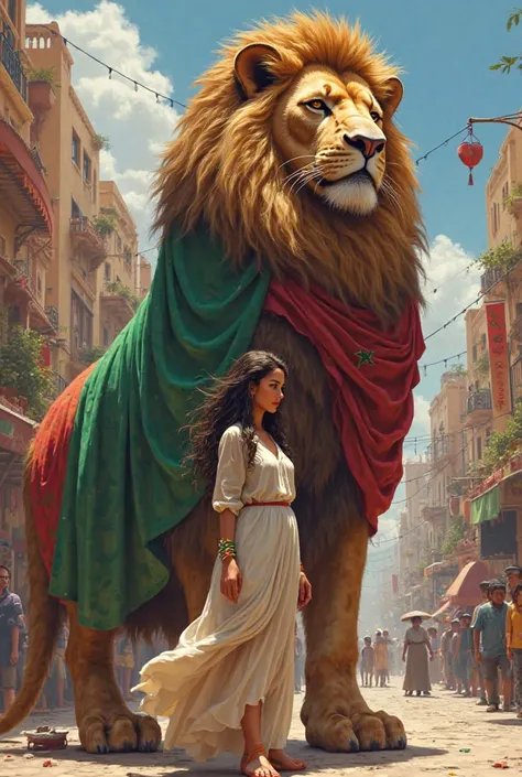 A beautiful  Arab girl next to a giant man headed by a lion and wearing the Moroccan flag in the middle of a street in Morocco