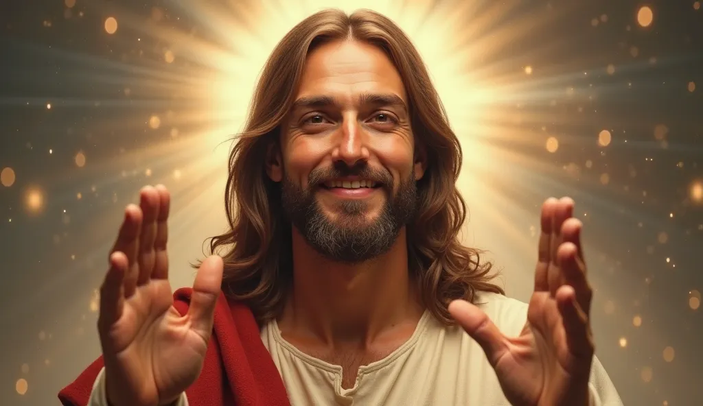 Create a high-detail, cinematic portrait of Jesus Christ with both hands raised in a blessing gesture in front of him. His face is clearly visible, radiating a gentle, warm smile, and his eyes convey compassion and wisdom. The background is softly illumina...