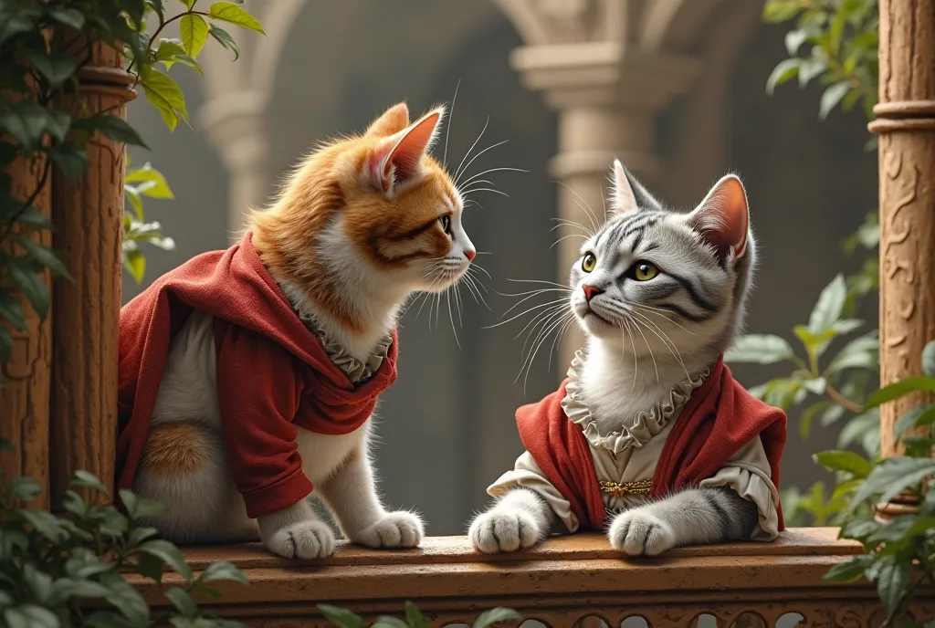 red brown white cat dressed as Romeo and Juliet and silver cat dressed as Juliet。Balcony scene　Juliet calls out to Romeo from top to bottom of the balcony。