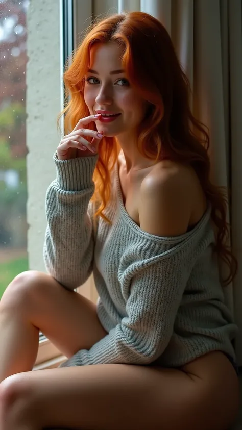 A playful auburn-haired beauty with freckles, wearing an off-shoulder sweater that slides down one arm, revealing smooth skin. She sits on a windowsill as soft rain trickles down the glass, biting her lip with a teasing smile.