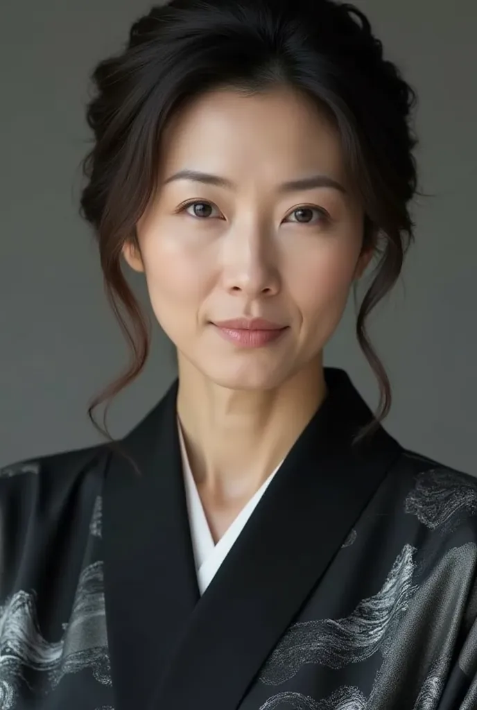 A close-up portrait of a sophisticated 50-year-old Japanese woman wearing a modernized courtesan-style kimono. The kimono is a deep ink-black with subtle silver and gray gradient patterns, creating a contemporary yet traditional look. Her Japanese updo is ...