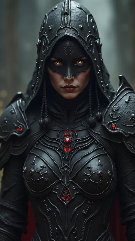 Close up shot of a person in a dark costume with a sword , , Dark Fantasy Style art,  Berserk Skull Knight Black Armor,  Dark Fantasy Art work,  Dark Fantasy Art ,  very beautiful berserker woman, Warrior of Darkness, in style of  Dark Fantasy Art , dark f...