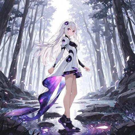 (masterpiece, best quality:1.2), absurdres, Yuki, 1girl, full body, solo, white hair, long hair, (purple eyes:1.2), white outfit with purple accents, one hand out, side view, world fading away into a galaxy void, anime, character is dead center, slightly f...