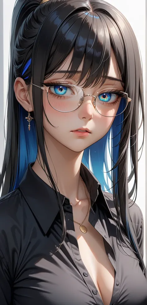 Random pose , ((Ultra detailing)), ((very aesthetic, best quality, ultra detailed)), intricate details, 1girl, ((long hair, Black hair, High ponytail, blue inner hair)), ((Multi colour eyes)), ((Detailed eyes)), ((Beautifull eyes)), ((prefect eyes)), ((Ult...