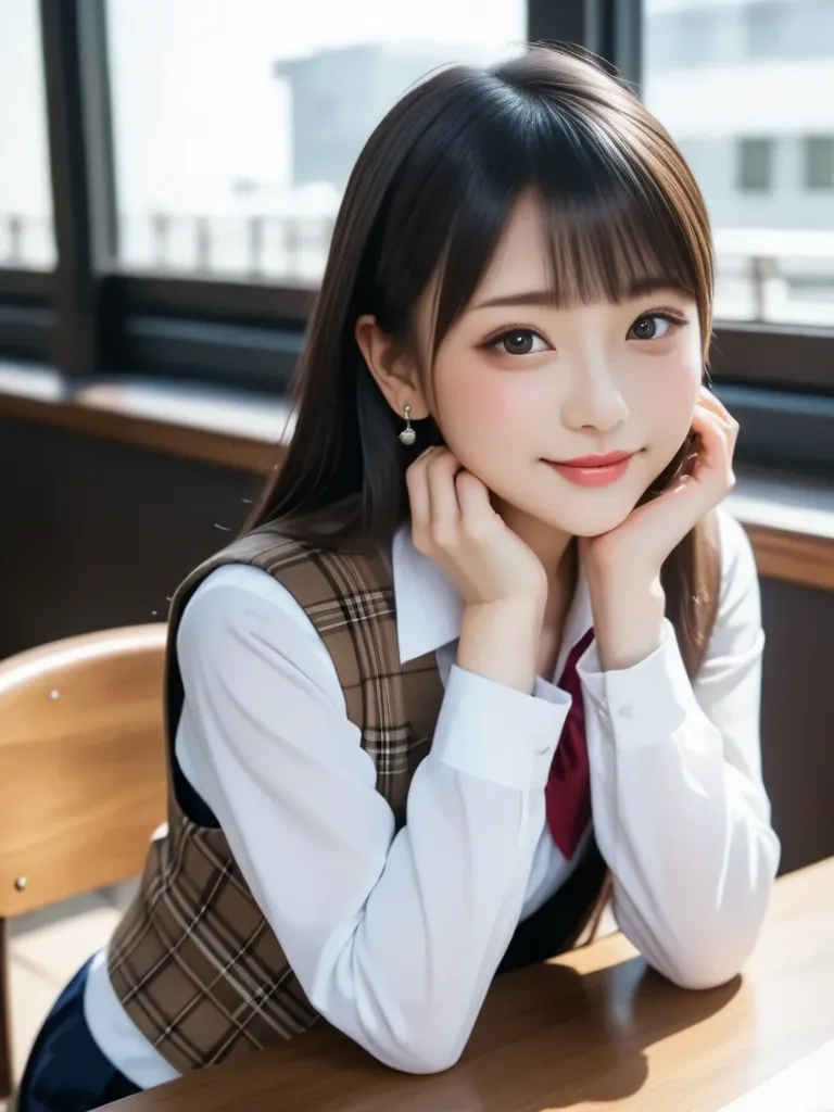  Japanese　 high school girl　 inside a cafe　（（（ composition from oblique above））））　（（（ looks good）））　（（（ is slouching his face）））　（（（blush）））　Stick out your mouth　 Hair　〈〈〈straight long hair〉〉〉　〈〈〈 shiny hair〉〉〉　wearing a white shirt and a brown plaid vest　...