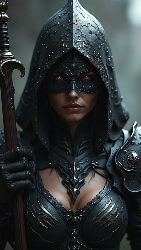 Close up shot of a person in a dark costume with a sword , , Dark Fantasy Style art,  Berserk Skull Knight Black Armor,  Dark Fantasy Art work,  Dark Fantasy Art ,  very beautiful berserker woman, Warrior of Darkness, in style of  Dark Fantasy Art , dark f...