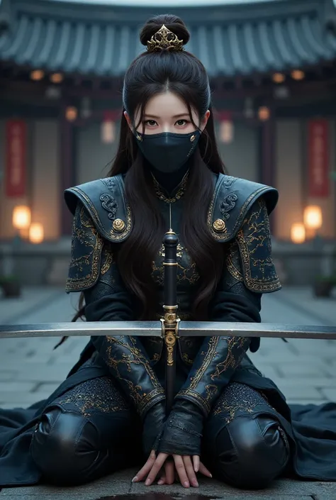 A battle scene in which a female ninja lands、Place one hand on the floor and hold the wuxia long sword horizontally in front of your face.、Intricate chain mail that fits the body perfectly、Black thin mask with only the eyes visible、Serious Eyes、Low fightin...