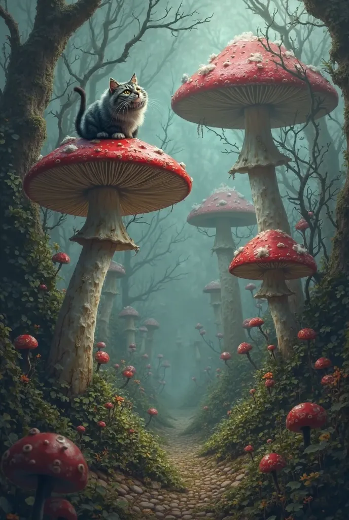 Lewis Carroll's wonderland tall mushrooms Cheshire cat gloomy background