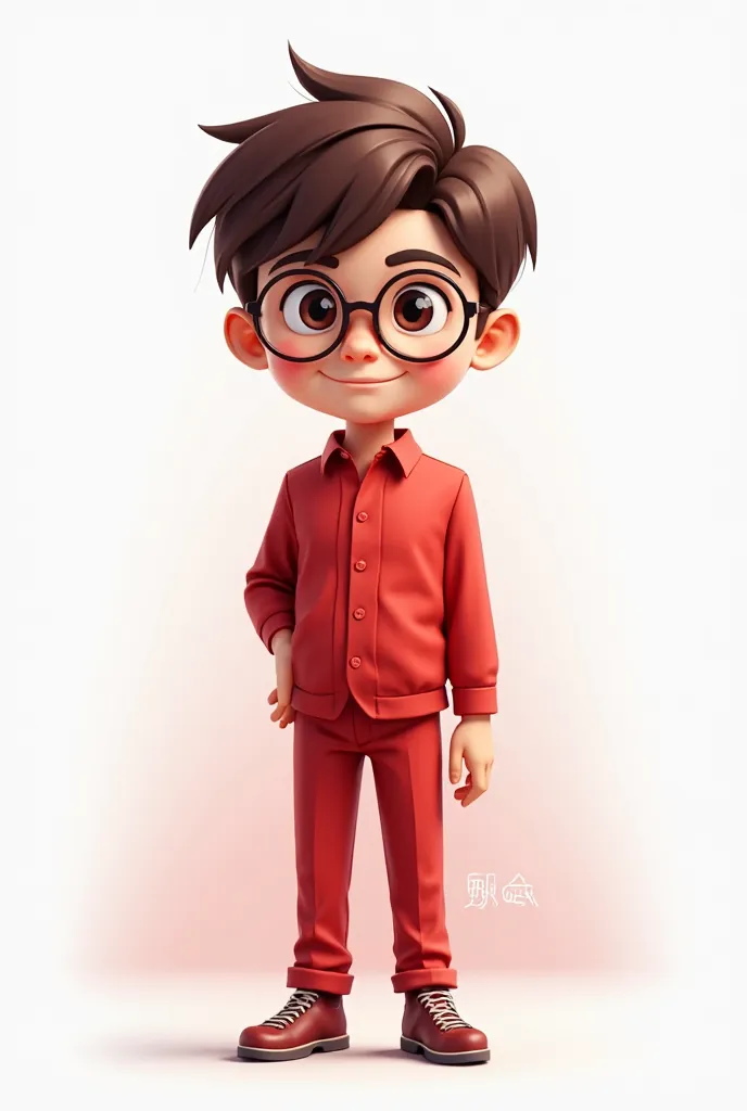 Create a gaming logo featuring a boy wearing glasses and dressed in a red outfit, and the logo's name should be "DULUX OWNER" with White Background 