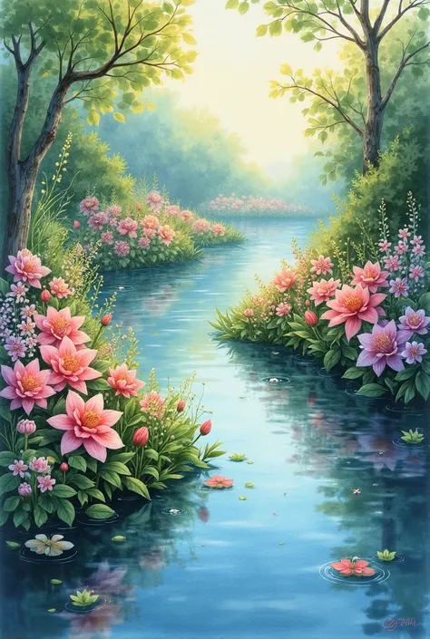 A watercolour painting photography of beautiful landscape flowers at the river