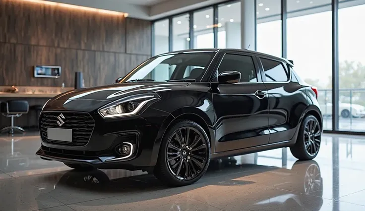 A full body view of modern modified 2025 Maruti suzuki swift polished black color in a luxury bright high level showroom