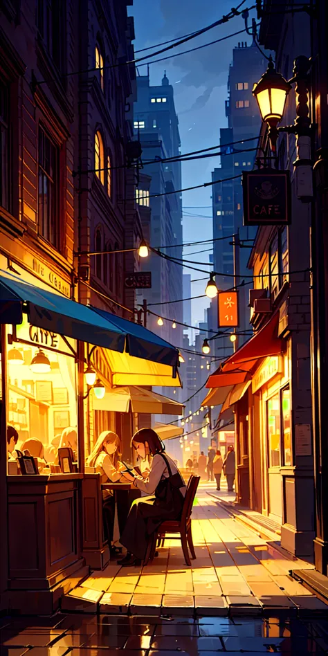 City cafe at night,Woman reading a book, inside a cafe