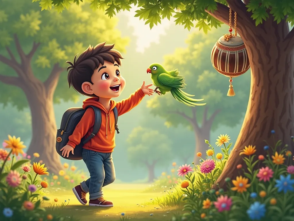 
"A young boy, dressed as a student with a school bag, is happily playing with a green parrot in a beautiful park. The park has lush green grass, colorful flowers, and tall trees. On one of the trees, a traditional tabla is hanging like a decoration. The s...