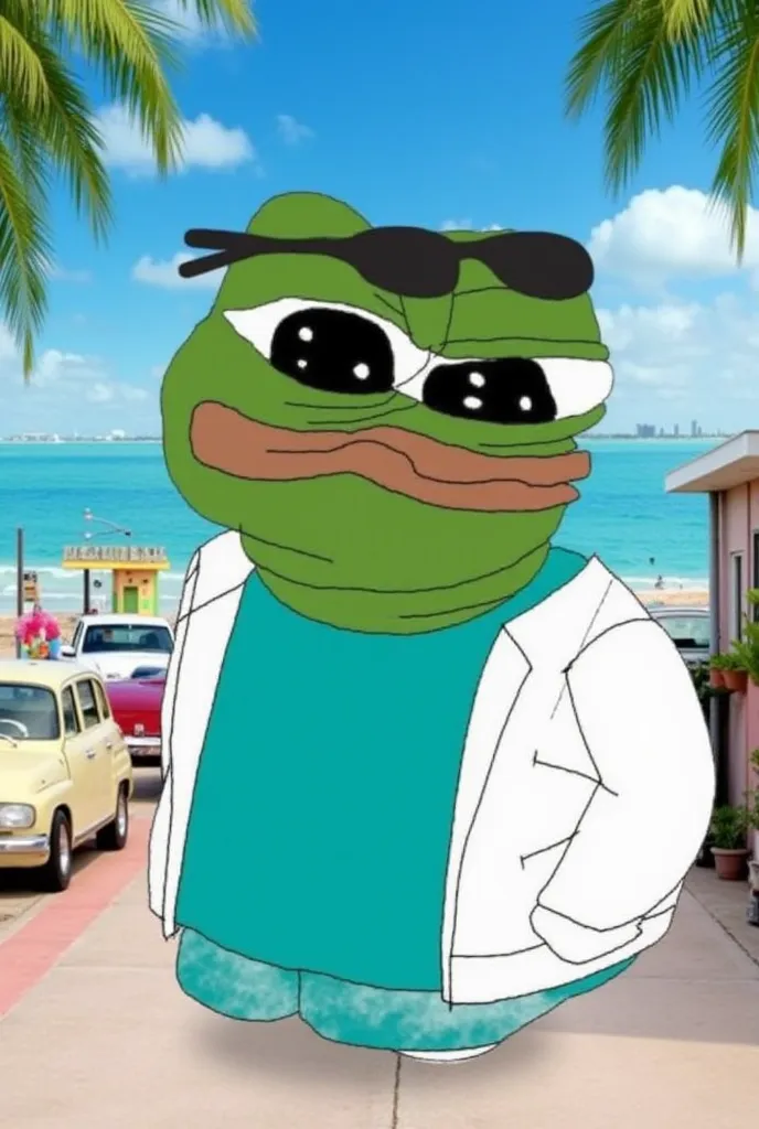 Apu Apustaja the antropomorphic frog as Miami Vice character wearing turquoise t-shirt and white sports jacket with sunglasses on head
