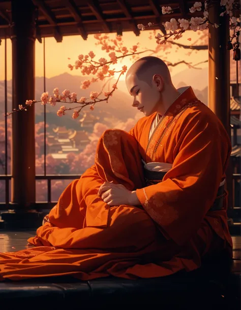 TOP QUALITY、Very detailed、A monk sitting upright in a temple、with a shaved head and no hair、Simple monk clothes、white monk clothes、